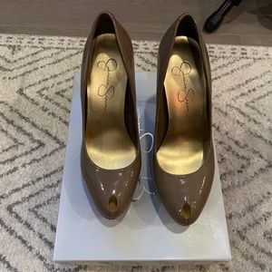 Jessica Simpon Peep Toe Heels, Brown, Size 6